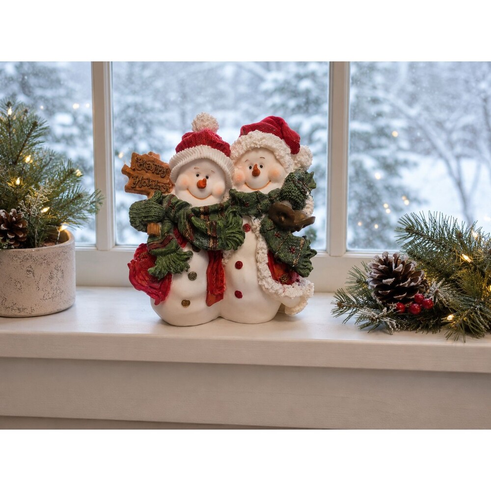 Vintage Christmas Snowman Couple Figurine Happy Holidays Winter Decor Resin Tabl
